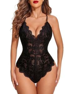 Avidlove Teddy Lingerie for Women Lace Bodysuit Snap Crotch Sexy V Neck One Piece Lingerie (Double Layers - Black, M)