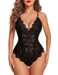 Avidlove Teddy Lingerie for Women Lace Bodysuit Snap Crotch Sexy V Neck One Piece Lingerie (Double Layers - Black, M)