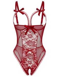 Avidlove Sexy Lingerie for Women One Piece Lace Babydoll Sleepwear Bodysuit Wine Red Large