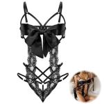 Telooco Women's Sexy Lingerie Set Unwrap Me Bow Tie Lingerie Lace Smooth Ribbon Teddy Bodysuit for Christmas Valentines Outfit (Black)
