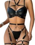 Lilosy Women Sexy Chain Strappy Underwire O Ring Push Up Garter Belt Choker Lingerie Set Latex Harness Bra and Panty 3 Piece Leather Black Medium