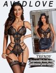 Avidlove Lace Lingerie Bodysuit for Women Sexy One Piece Teddy Cut Out Babydoll Sleepwear Black