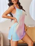 Ekouaer Sexy Tank Nightgowns for Women Side Slit Lingerie Dress Sleevesless Night Gowns Purple Blue Tie Dye, XXL