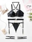 Lilosy Women Sexy Chain Strappy Underwire O Ring Push Up Garter Belt Choker Lingerie Set Latex Harness Bra and Panty 3 Piece Leather Black Medium