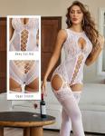 Avidlove Fishnet Lingerie for Women White Lace Bodysuit Rave Outfits Mesh Body Stocking One Piece
