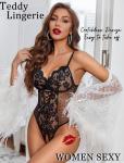 Avidlove Sexy Lingerie for Women One Piece Lingerie Deep V Teddy Babydoll Sexy Lace Bodysuit Black