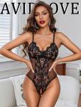 Avidlove Sexy Lingerie for Women One Piece Lingerie Deep V Teddy Babydoll Sexy Lace Bodysuit Black