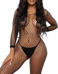 Walang Lip Women's Sexy Mesh BodyStocking Fishnet Lingerie Long Sleeve Bodysuits One Piece Jumpsuit Underwear Nightwear (Black)