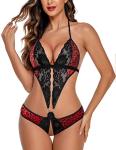Avidlove Womens Lingerie Sexy Lace Teddy Halter One Piece Babydoll Red Leopard Print M