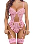 Avidlove Womens Lingerie Sexy Lace Lingerie Bodysuit V Neck Garter Belt Set Teddy with Panty Pink XXL