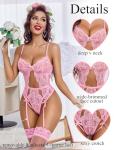 Avidlove Womens Lingerie Sexy Lace Lingerie Bodysuit V Neck Garter Belt Set Teddy with Panty Pink XXL