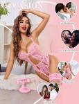 Avidlove Womens Lingerie Sexy Lace Lingerie Bodysuit V Neck Garter Belt Set Teddy with Panty Pink XXL