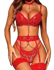 RSLOVE Plus Size Women Lingerie Sets 3 Piece Sexy Underwire with Garter Belt Exotic Bra and Panty Set Strappy Sleepwear Red XXL