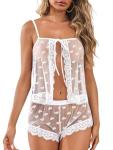 Kolagri Lingerie for Women Sexy Heart Lace Babydoll Mesh Pajamas Set Sheer Sleepwear Bow Ties Cami Nightgown White XL