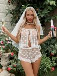 Kolagri Lingerie for Women Sexy Heart Lace Babydoll Mesh Pajamas Set Sheer Sleepwear Bow Ties Cami Nightgown White XL