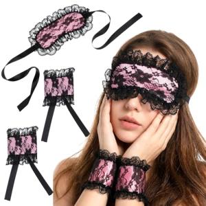 Matwsec Blindfolds, Sleep Mask and Hand Ties, Pink Black Blind Folds for Adult Play, Lace Blackout Sleeping Eye Mask Cover, Blindfold for Adults Couples Valentines Day Gift for Girlfriend Wife