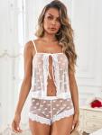Kolagri Lingerie for Women Sexy Heart Lace Babydoll Mesh Pajamas Set Sheer Sleepwear Bow Ties Cami Nightgown White XL