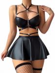 Gulinala Women Sexy Leather Lingerie Set Choker Chain Mini Lingerie Dress Strappy Bra Skirt Outfits(Black XSmall)