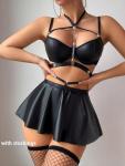 Gulinala Women Sexy Leather Lingerie Set Choker Chain Mini Lingerie Dress Strappy Bra Skirt Outfits(Black XSmall)
