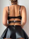 Gulinala Women Sexy Leather Lingerie Set Choker Chain Mini Lingerie Dress Strappy Bra Skirt Outfits(Black XSmall)