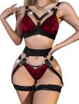 Lilosy Petite Sexy Chain Strappy Garter Belt Women Lingerie Set Rave Outfits Harness Bra Panty 3 Piece Red Velvet XX-Small
