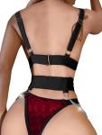 Lilosy Petite Sexy Chain Strappy Garter Belt Women Lingerie Set Rave Outfits Harness Bra Panty 3 Piece Red Velvet XX-Small