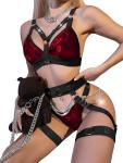 Lilosy Petite Sexy Chain Strappy Garter Belt Women Lingerie Set Rave Outfits Harness Bra Panty 3 Piece Red Velvet XX-Small