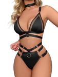 Lilosy Sexy Wireless Choker O Ring Linked Strappy Harness Lingerie Set Outfits 3 Piece Women Matching Bra Panty Underwear Mesh Black Medium
