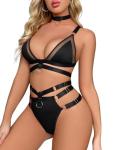 Lilosy Sexy Wireless Choker O Ring Linked Strappy Harness Lingerie Set Outfits 3 Piece Women Matching Bra Panty Underwear Mesh Black Medium