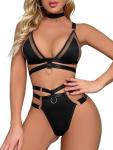 Lilosy Sexy Wireless Choker O Ring Linked Strappy Harness Lingerie Set Outfits 3 Piece Women Matching Bra Panty Underwear Mesh Black Medium