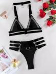 Lilosy Sexy Wireless Choker O Ring Linked Strappy Harness Lingerie Set Outfits 3 Piece Women Matching Bra Panty Underwear Mesh Black Medium