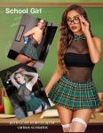 Avidlove Schoolgirl Lingerie for Women Sexy Student Set Snap Crotch Halter Fishnet Bodysuit and Mini Skirt