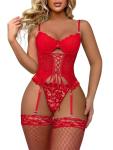 Lilosy Sexy Lace Garter Underwire Push Up Floral Sheer Babydoll Lingerie Women Bodysuit Chemise Set Nightgown Nightshirt See Through Bra and Panty 3 Piece Red Small