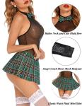 Avidlove Schoolgirl Lingerie for Women Sexy Student Set Snap Crotch Halter Fishnet Bodysuit and Mini Skirt