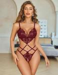 Avidlove Womens Lingerie Sexy Lace Teddy Bodysuit Deep V Cut Out One Piece Mini Babydoll Cherry Red