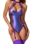 Sexy Leather Lingerie Bodysuit for Women, Metallic Corset Outfit, Shiny Latex-Inspired Clubwear in Purple