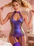 Sexy Leather Lingerie Bodysuit for Women, Metallic Corset Outfit, Shiny Latex-Inspired Clubwear in Purple