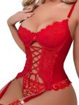 Lilosy Sexy Lace Garter Underwire Push Up Floral Sheer Babydoll Lingerie Women Bodysuit Chemise Set Nightgown Nightshirt See Through Bra and Panty 3 Piece Red Small
