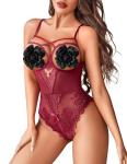 Avidlove Women's Sexy Lingerie One Piece Bodysuit Floral Lace Teddy Mini Babydoll Wine Red