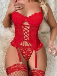 Lilosy Sexy Lace Garter Underwire Push Up Floral Sheer Babydoll Lingerie Women Bodysuit Chemise Set Nightgown Nightshirt See Through Bra and Panty 3 Piece Red Small