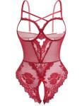 Avidlove Women's Sexy Lingerie One Piece Bodysuit Floral Lace Teddy Mini Babydoll Wine Red