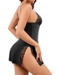 Lilosy Sexy High Split Side Trim Floral Lace Dress Lingerie Nightgown Babydoll Set 1 Piece Women with Thong Nighty Slit Full Slips Cami Outfit Sleepwear Nightwear Black Medium