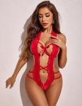 Avidlove Sexy Lingerie For Women Deep V Halter Teddy One Piece Bodysuit Lace Babydoll valentines teddy Red Medium
