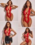 Avidlove Sexy Lingerie For Women Deep V Halter Teddy One Piece Bodysuit Lace Babydoll valentines teddy Red Medium