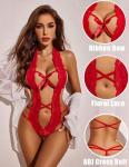 Avidlove Sexy Lingerie For Women Deep V Halter Teddy One Piece Bodysuit Lace Babydoll valentines teddy Red Medium