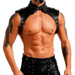 NICEMHAPU Men's Leather Chest Harness Top - Adjustable Leather Shoulder Armor, Gothic Punk Fetish Harness for Men, Valentine's Day Gay Men Clubwear Costume (Black)