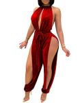 PORRCEY Sexy Jumpsuits for Women Halter Sleeveless Party Outfits Hight Split Velvet Pants Hollowing Out Romper (3737,Red,XXL)