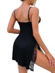 Foxiny Sexy Split Side Floral Lace Trim Full Slip Night Gown Babydoll Lingerie Dress with Thong 2 Piece Women High Slit Cami Nightgown Pajamas Set Nighty Sleep Wear Black Medium