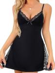 Foxiny Sexy Split Side Floral Lace Trim Full Slip Night Gown Babydoll Lingerie Dress with Thong 2 Piece Women High Slit Cami Nightgown Pajamas Set Nighty Sleep Wear Black Medium