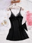 Foxiny Sexy Split Side Floral Lace Trim Full Slip Night Gown Babydoll Lingerie Dress with Thong 2 Piece Women High Slit Cami Nightgown Pajamas Set Nighty Sleep Wear Black Medium